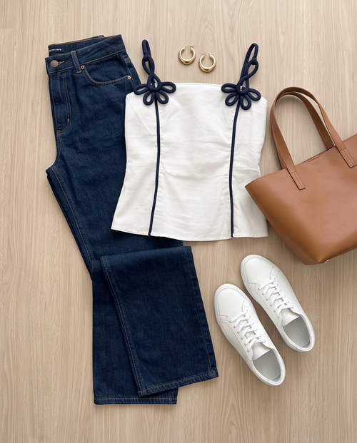 Blusa elegante blanca con detalles navy